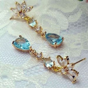 Turquoise Blue Glass White Blue Rhinestone Handmade Dangle Earrings